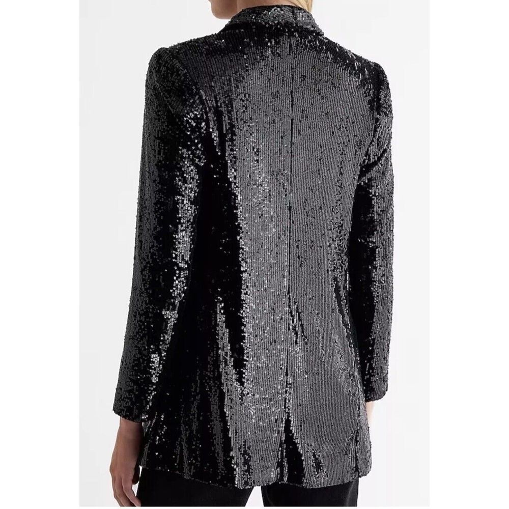 EXPRESS Black Sequin Open Face Boyfriend Tuxedo Blazer Size Small Party Shine - Picture 2 of 14